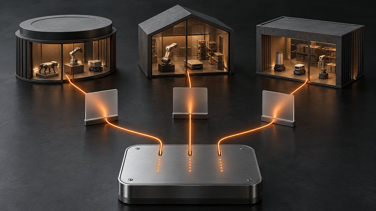 Three graphite storefront models with small robots inside send orange signal lines through frosted-glass panels into one shared brushed-metal instrument plate lit with rows of orange marks.
