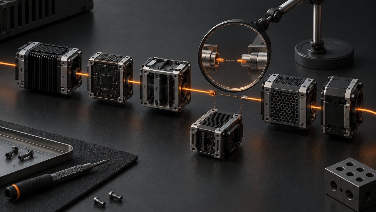 Graphite computing blocks joined by an orange trace path, with a gap beneath an inspection lens.
