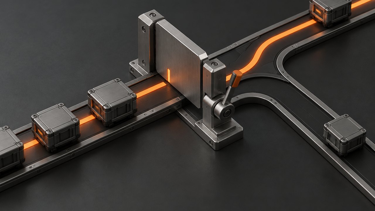 A metal approval gate and lever across an orange execution path.