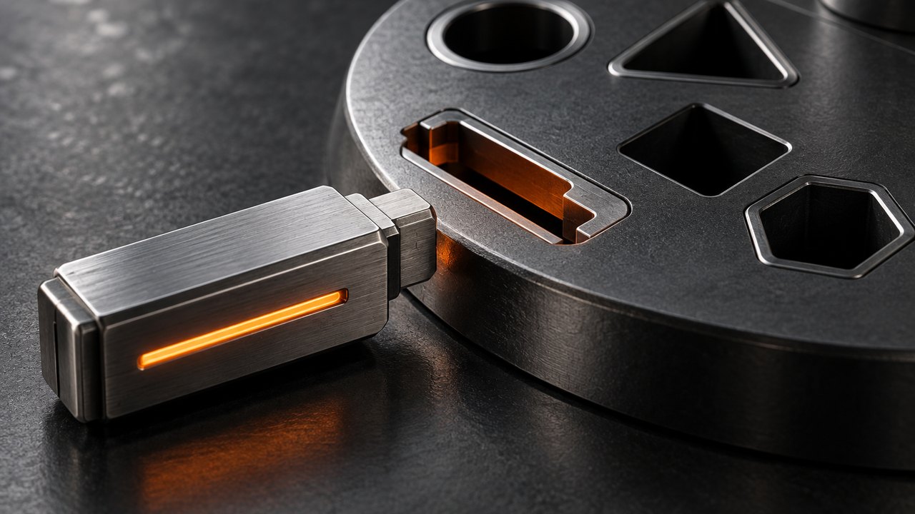An orange-lit metal credential cartridge beside its matching slot in a graphite plate with differently shaped openings.