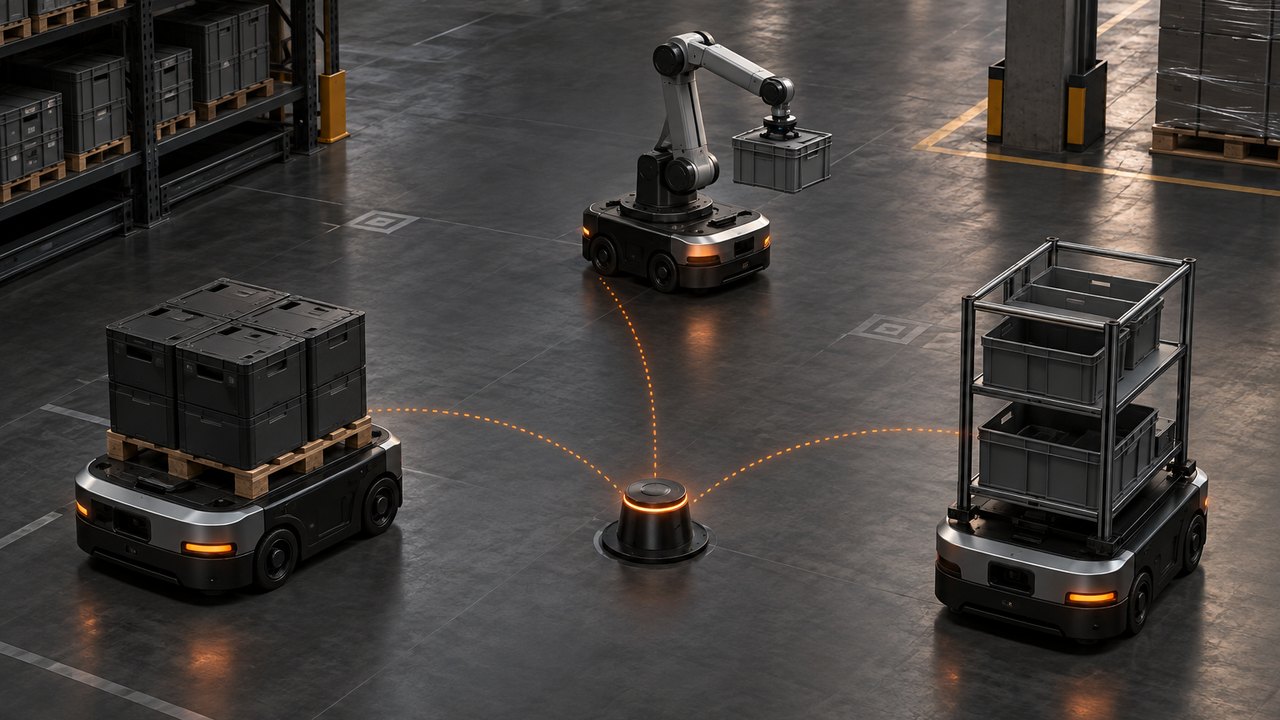 Three wheeled warehouse robots connected by orange signal paths to a telemetry beacon.