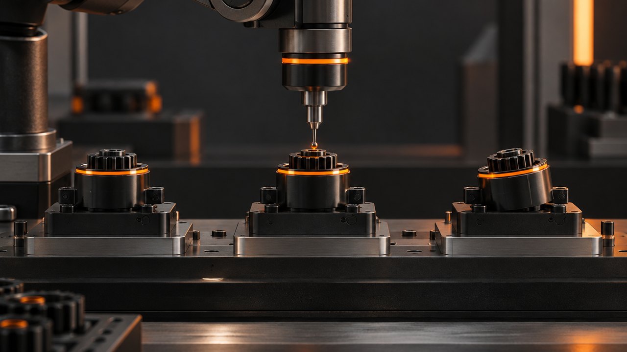 A precision probe inspects three graphite mechanical assemblies with orange-lit rings, including one visibly tilted component.