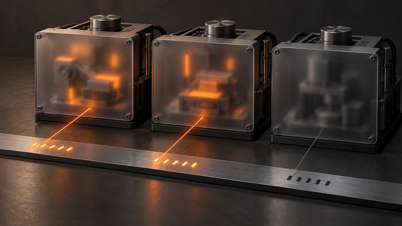 Three graphite machine modules behind frosted glass; two send orange light lines to glowing marks on a metal rail, while the third module's marks stay dark.